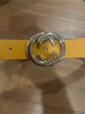 Yellow Leather Belt with Interlocking Gold Buckle